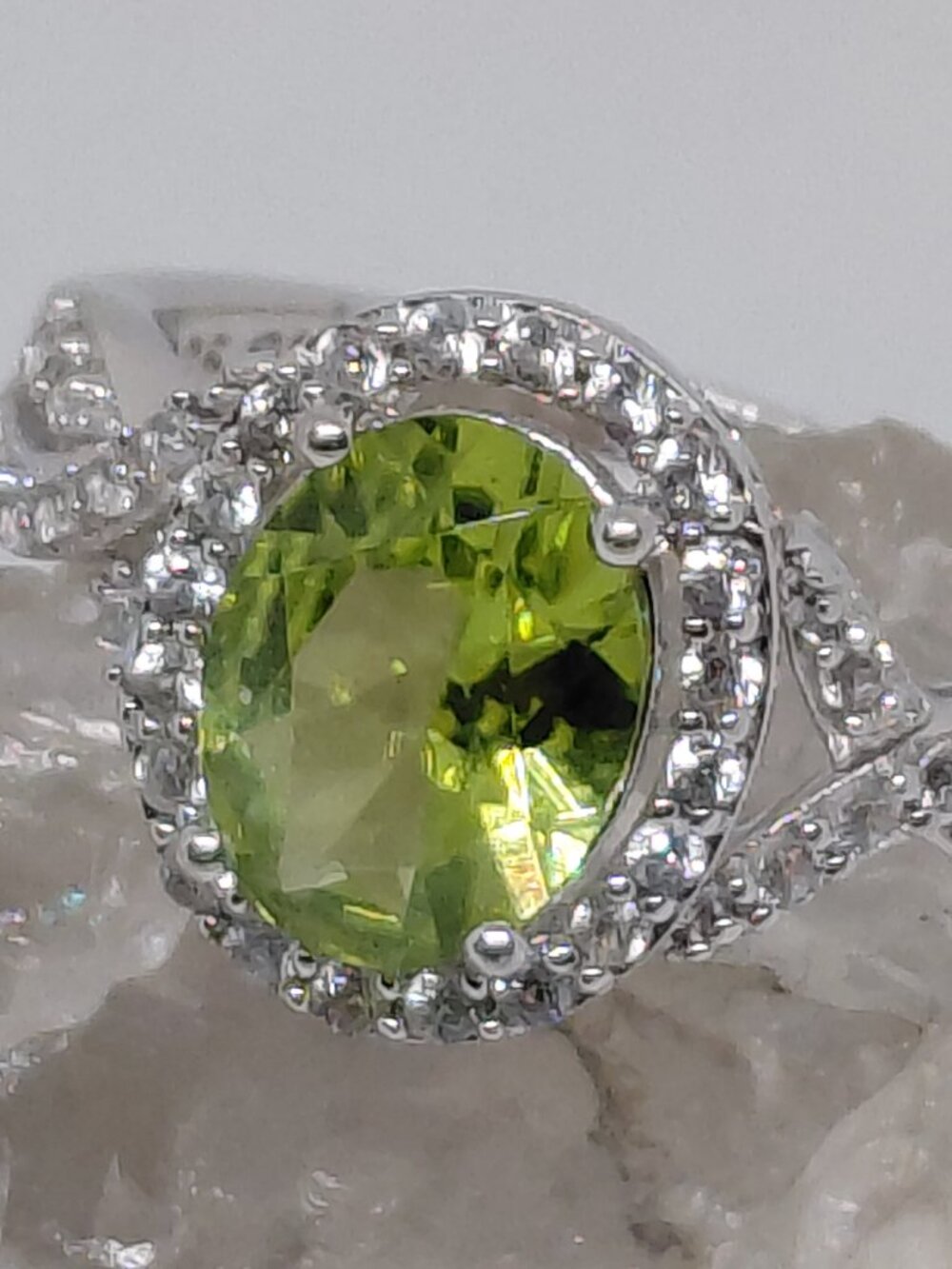 Peridot and Lab-Created White Sapphire Sterling Silver Ring - Size 7.75